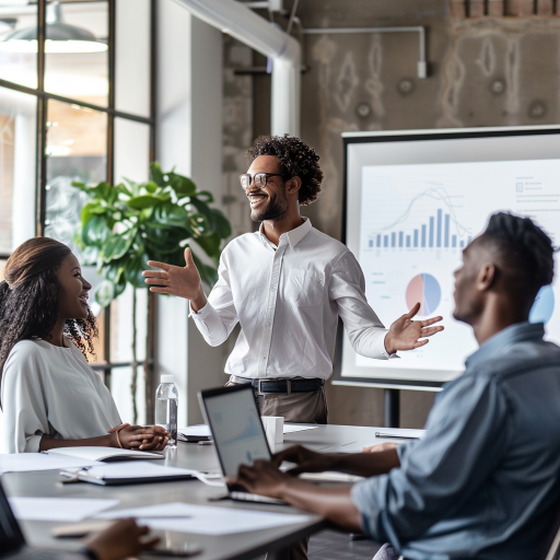 One person presenting a powerpoint to at least two others in a conference room.
