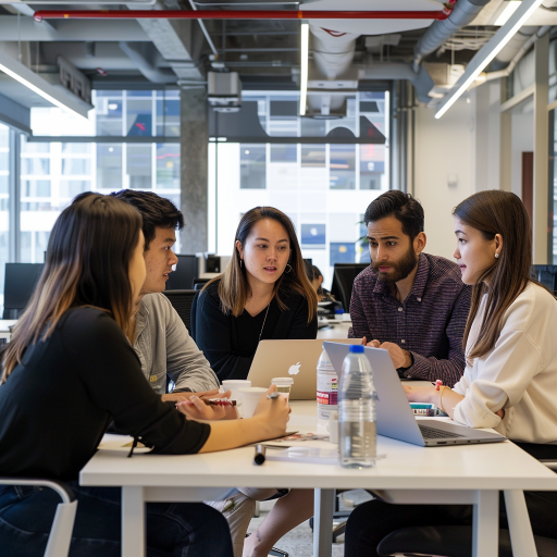 Five business employees around a table in an office having a neutral conversation.
